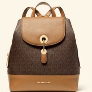 Michael Kors Raven Medium Brown Logo Monogram Tan Pebbled Leather Backpack